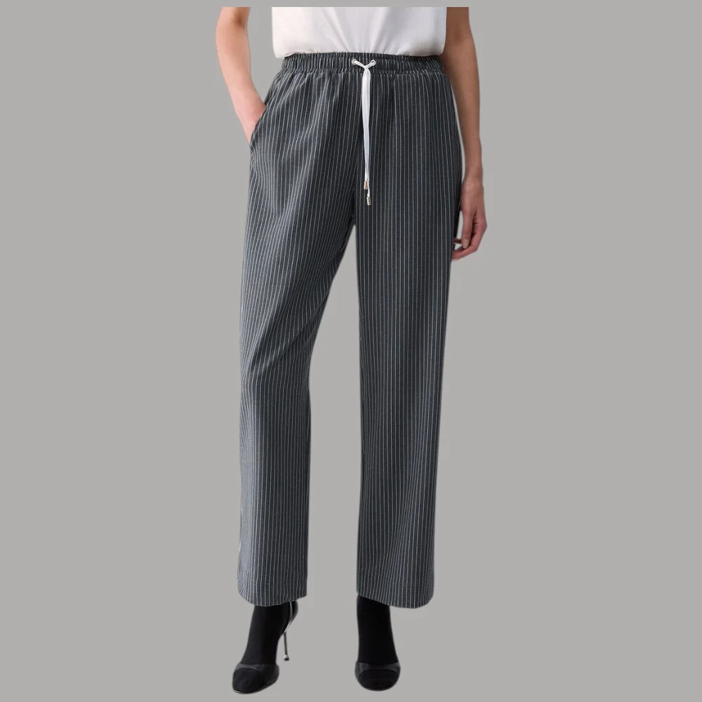 Pantaloni TF Gessati con Cintura Decorata in Pizzo e Coulisse