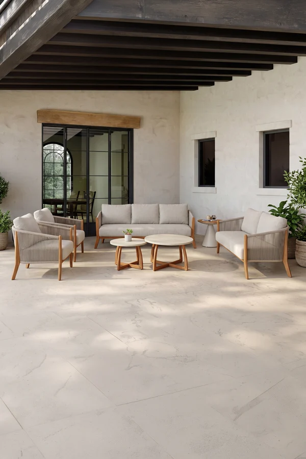 Salotto da giardino con 2 divani, 2 poltrone e 3 tavolini, Aurora, Beige