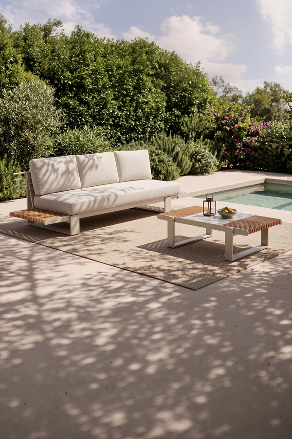 Salotto da giardino divano 2 posti con tavolino a destra e tavolino 120x70cm, Nora, Beige e legno di teak