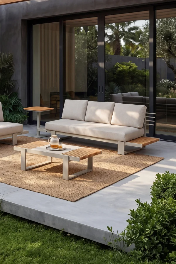 Salotto da giardino divano 2 posti con tavolino a sinistra e tavolino 120x70cm, Nora, Beige e legno di teak