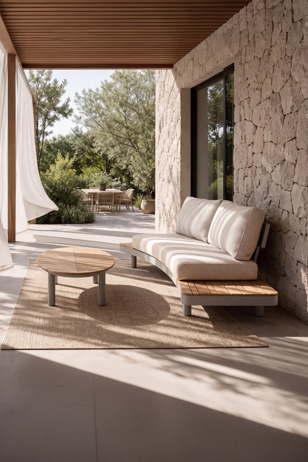 Set da giardino con divano 2 posti e tavolino ovale 110x69cm, Arya, Beige e legno di teak