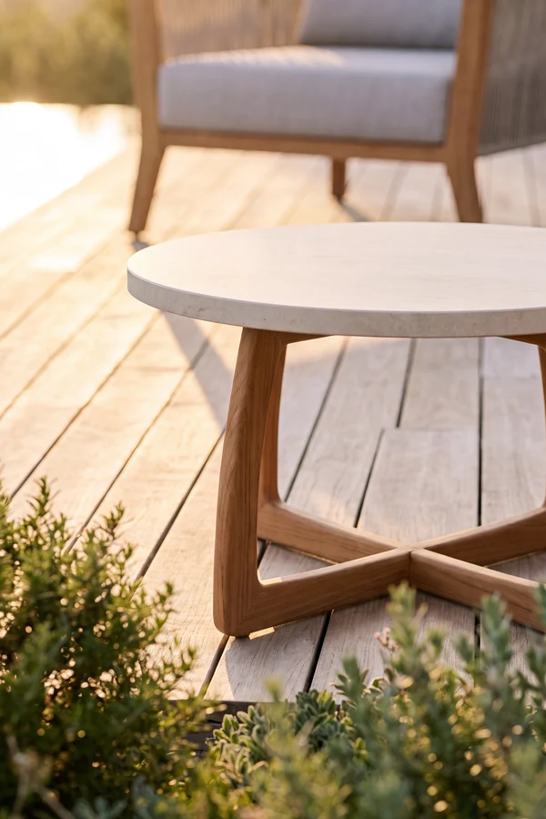 Tavolino da esterno rotondo Aurora, 60x60x40 cm, Bianco panna con gambe in teak