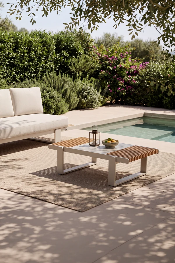 Tavolino da giardino rettangolare Nora, 120x76x36 cm, Beige e legno di teak