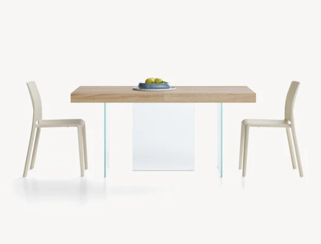 Tavolo allungabile Lia 160(240)x90 cm, Rovere naturale con gambe in vetro extrachiaro
