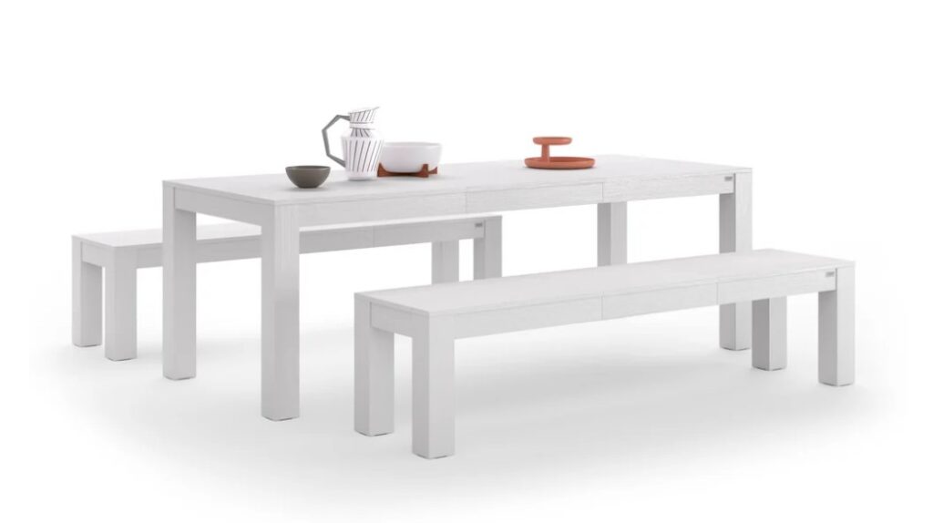 Tavolo allungabile Rachele 160(225)x90 cm + 2 Panche allungabili Rachele 140(192,5)x45 cm, Bianco Frassino