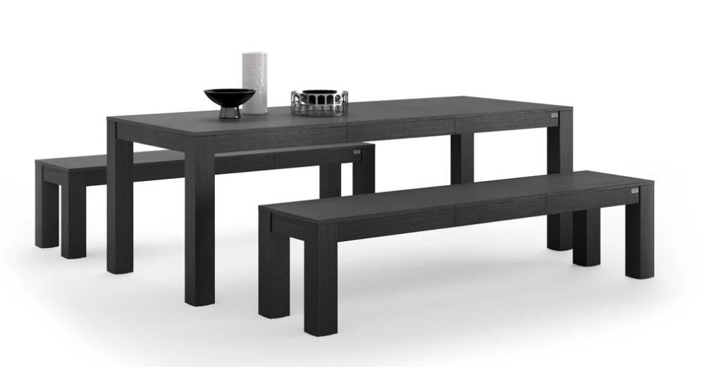 Tavolo allungabile Rachele 160(225)x90 cm + 2 Panche allungabili Rachele140(192,5)x45 cm, Nero Frassino