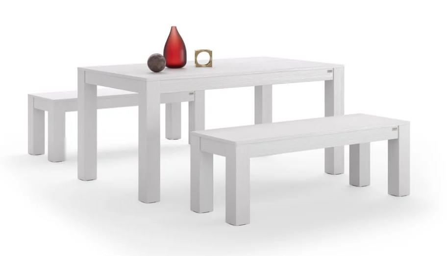 Tavolo fisso Rachele 160x90 cm + 2 Panche fisse Rachele 135x45 cm, Bianco Frassino