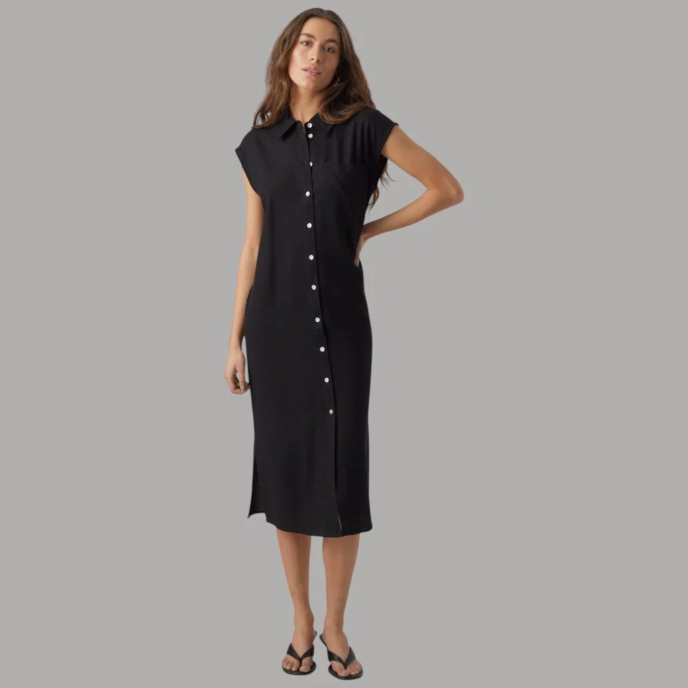 Vero Moda Vestito Camicia Lungo Nero Misto Lino Senza Maniche Cintura