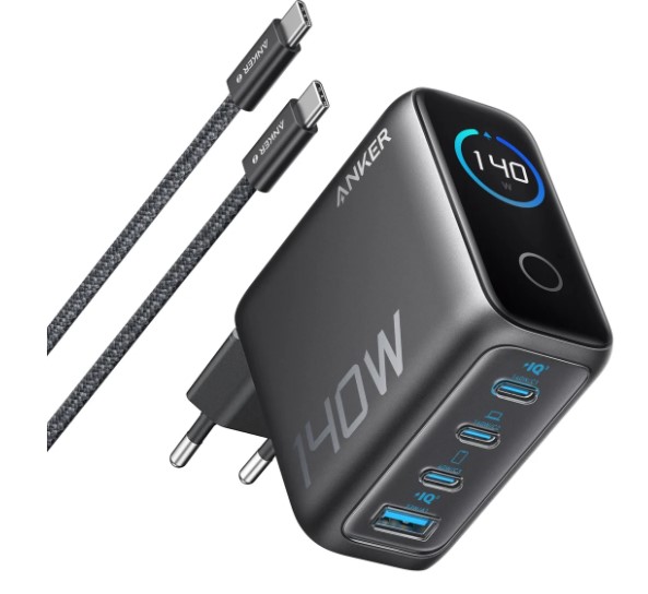Caricabatterie da rete con cavo USB C Anker Zolo, 140W, 5A, 1 x USB A 3 x USB C, Nero B2697GZ1