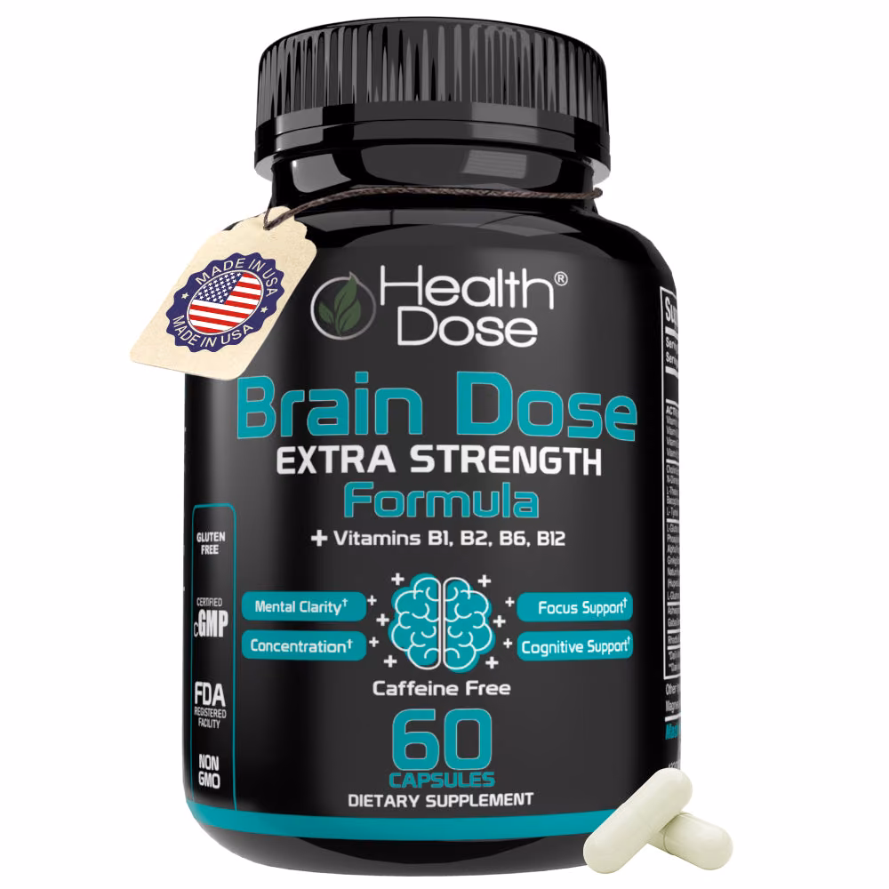 HealthDose Brain Dose Premium Nootropics Mental Focus, Natural Energy & Vitamins Caffeine Free, 60 Count For Men & Women.