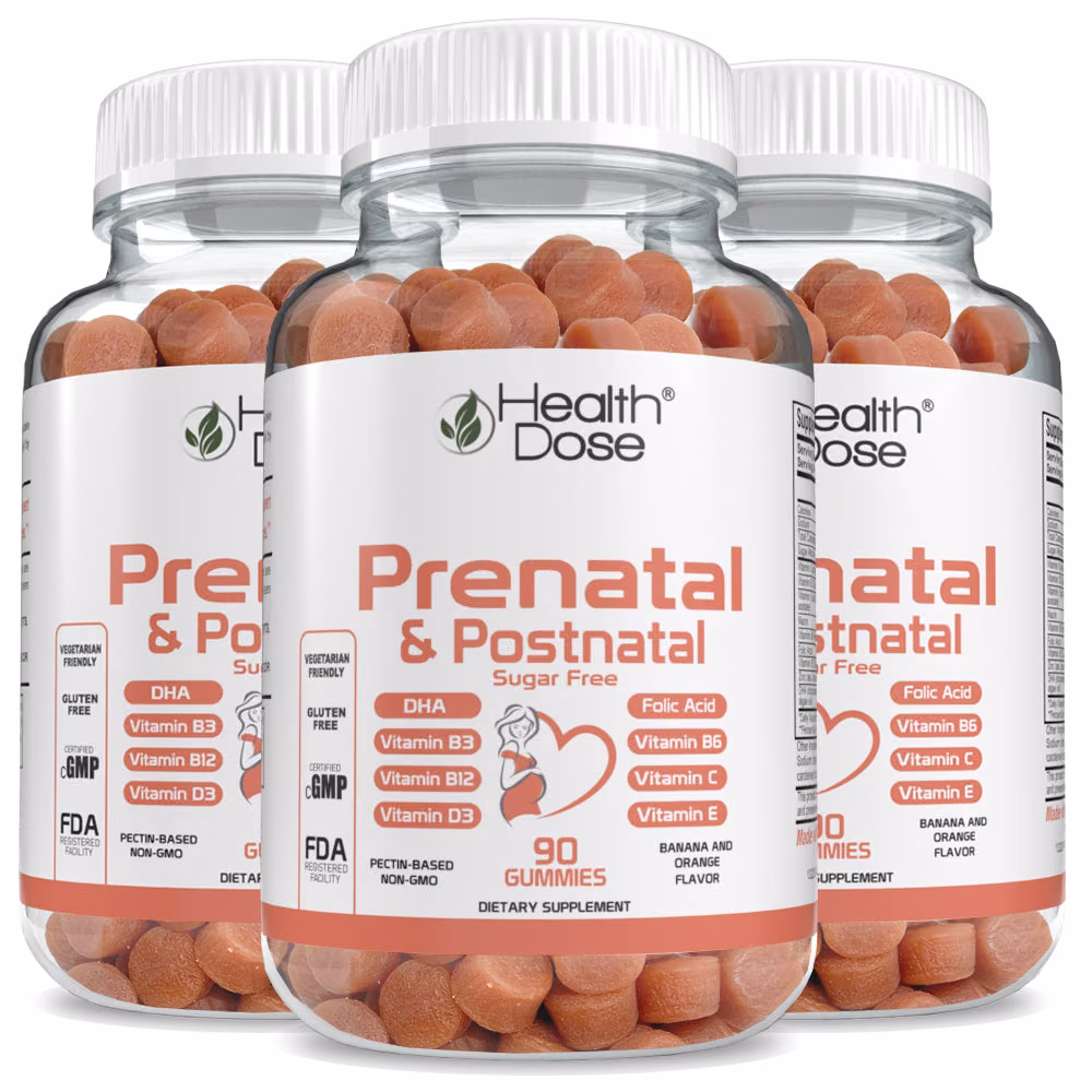 HealthDose Prenatal & Postnatal Vitamins, DHA & Folic Acid,Gluten & Sugar Free Vitamin B6, B12, C + Zinc for immunity 90 Count Gummies.