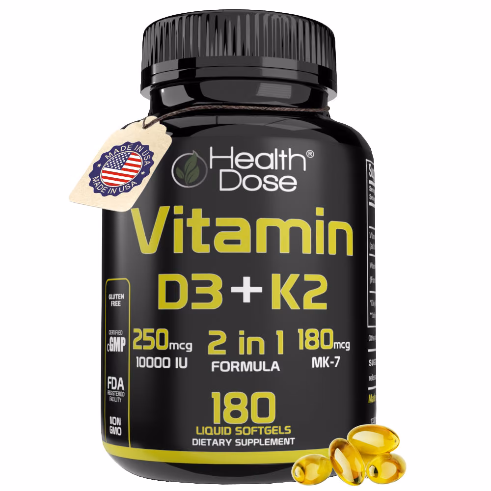 HealthDose Vitamin D3 10,000 IU + K2 (MK7) supplement, 2 in 1 formula, 180 softgels.