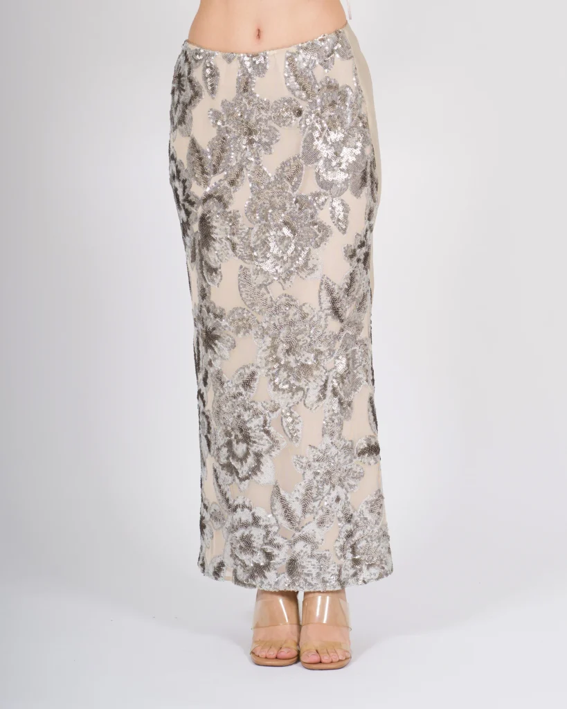 Gonna access beige con ricamo floreale e paillettes
