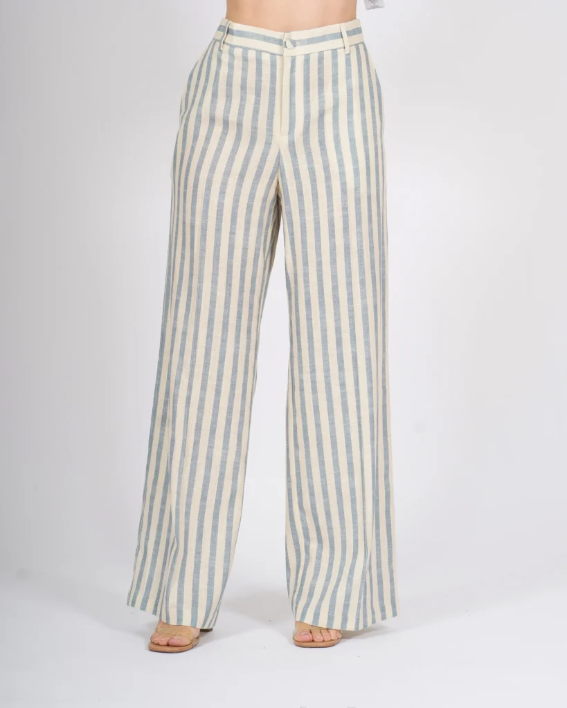 Pantalone Silence Palazzo Avorio a Righe Gessate Azzurre